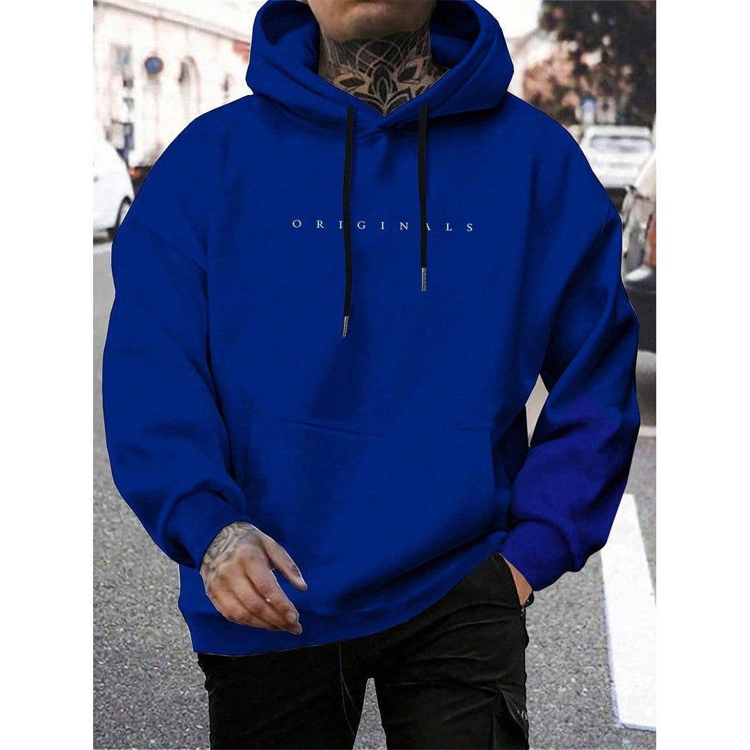 Man wearing the Owen men's hooded cotton graphic print sweatshirt, flatlay view