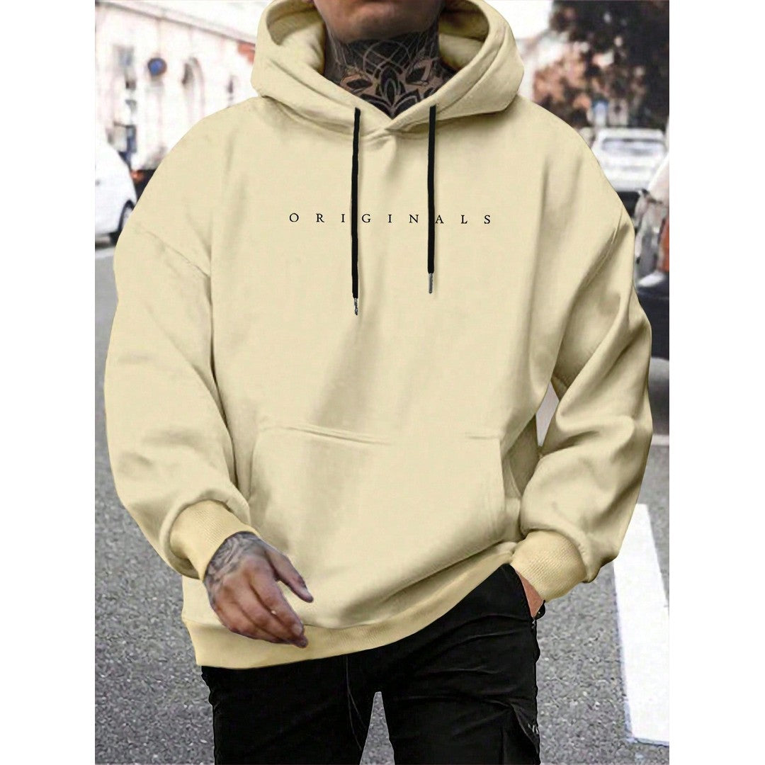 Man wearing the Owen men's hooded cotton graphic print sweatshirt, front view