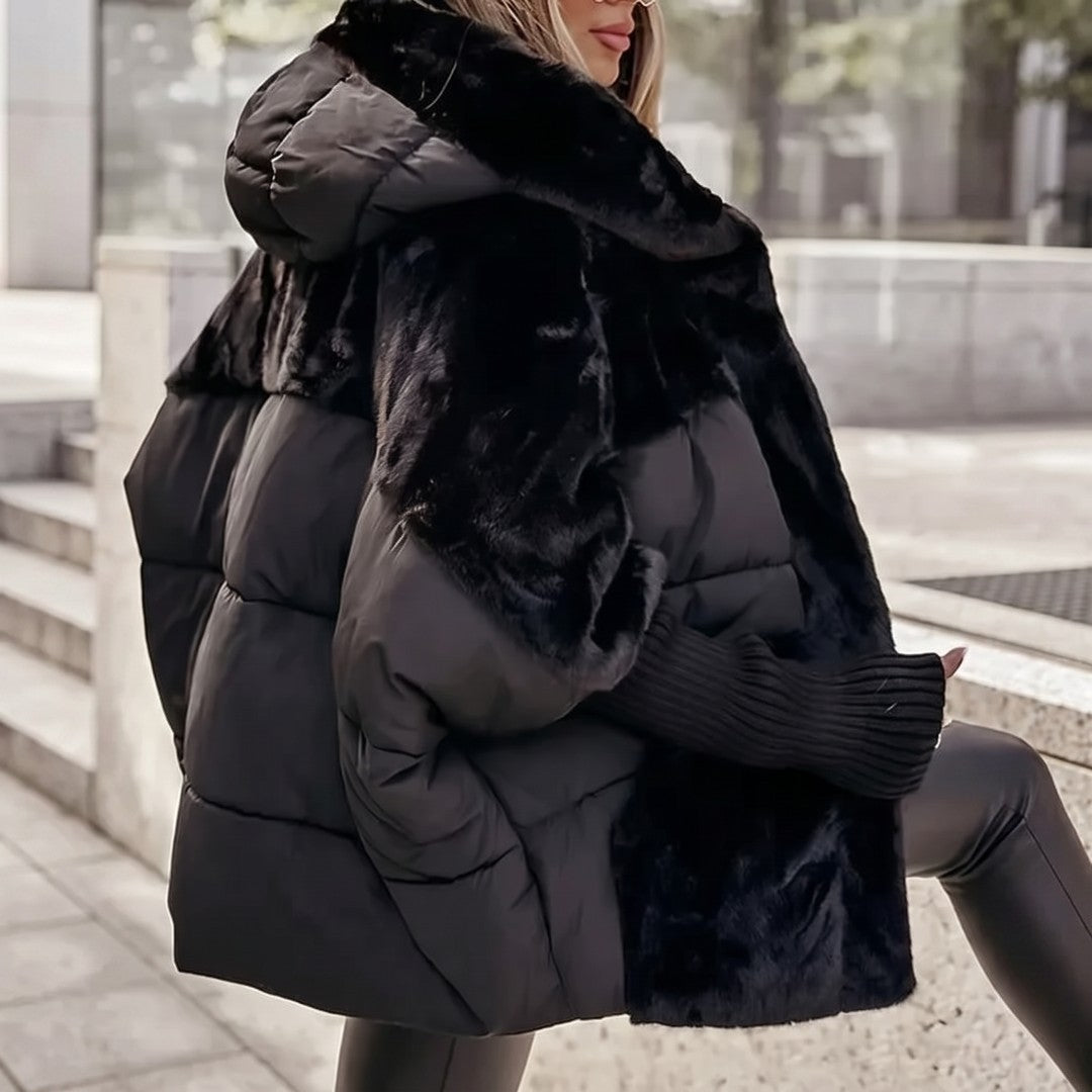 Woman wearing the Paisley women's hooded coat, back view