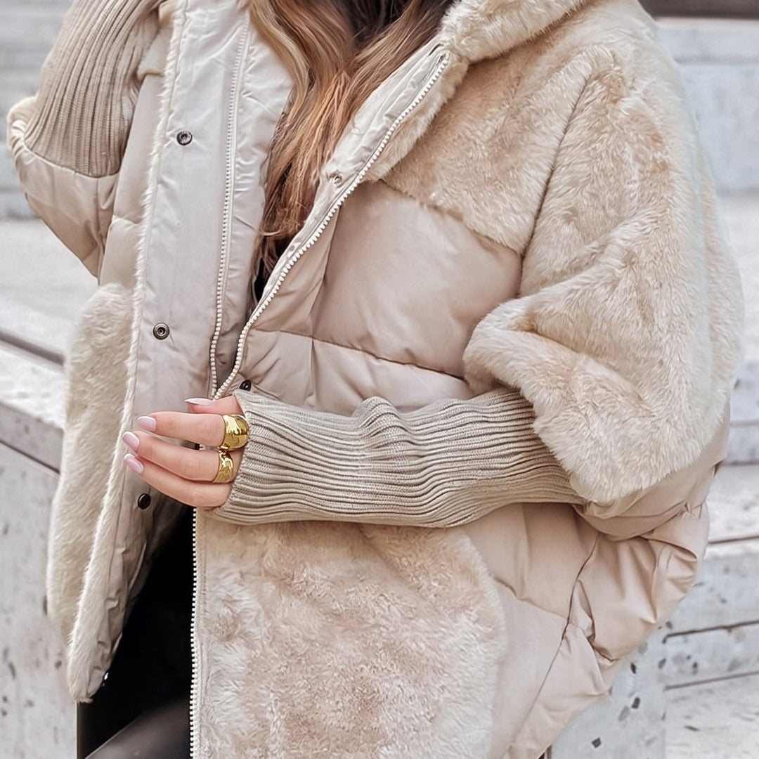Woman wearing the Paisley women's hooded coat, front view