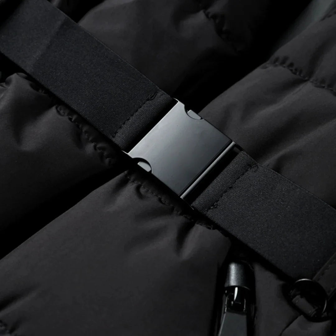 Woman wearing the Paloma women's hooded quilted jacket in black, detail view