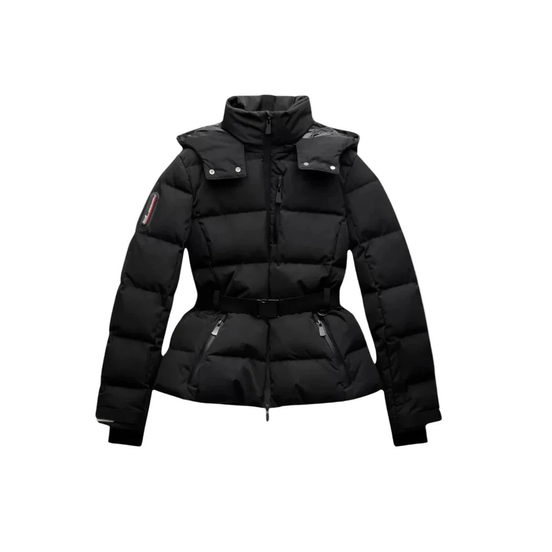 Woman wearing the Paloma women's hooded quilted jacket in black, front view