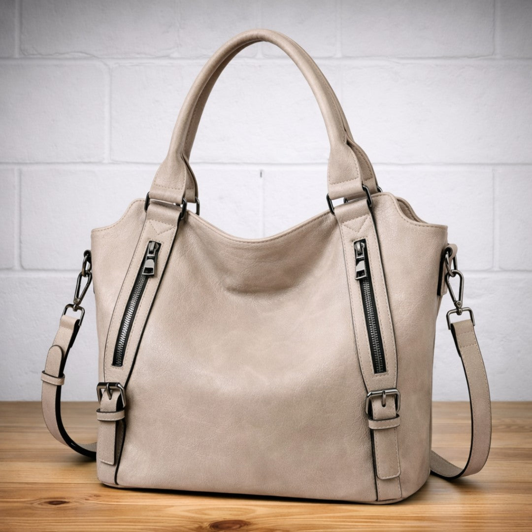 Woman wearing the Paulina women's elegant bag, flatlay view