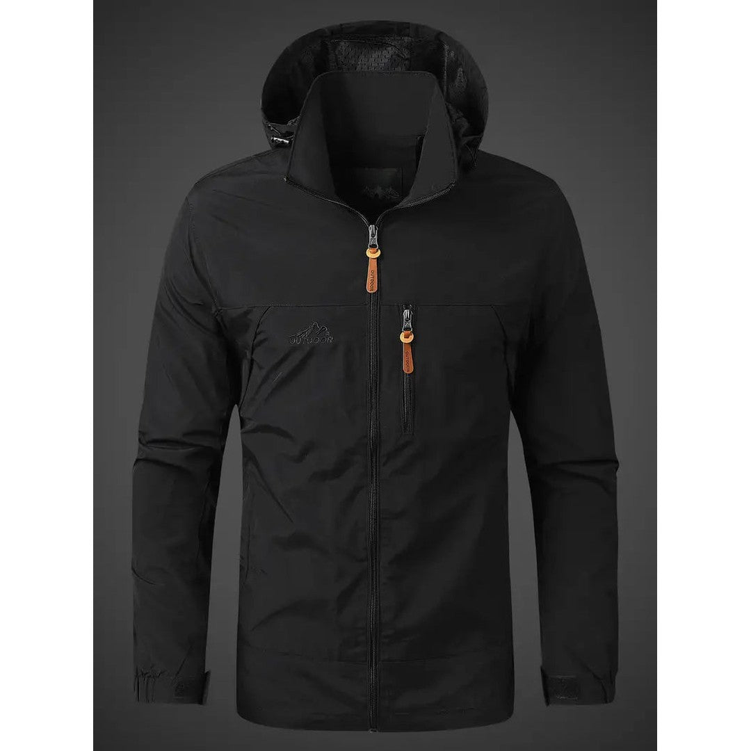 Man wearing the Percy men's hooded jacket, back view