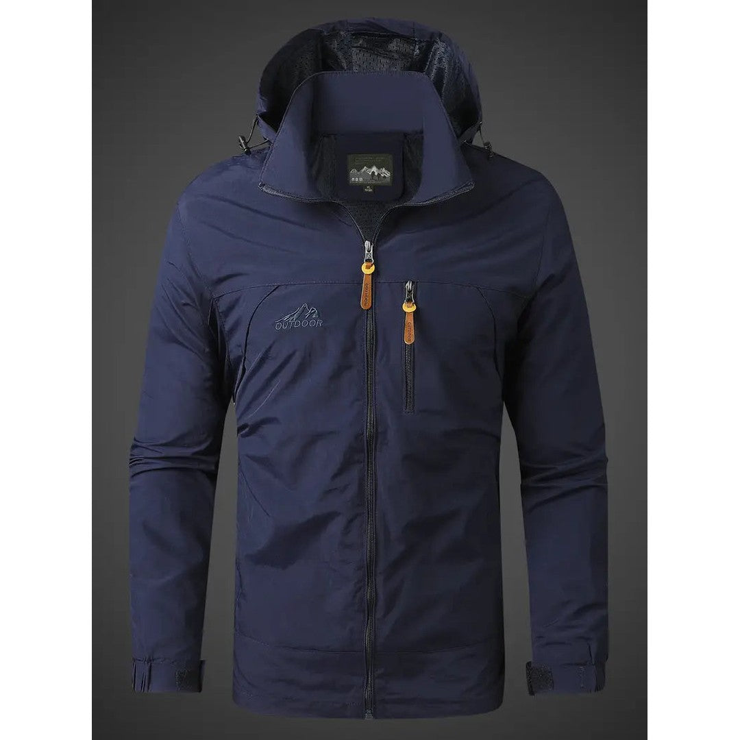 Man wearing the Percy men's hooded jacket, side view