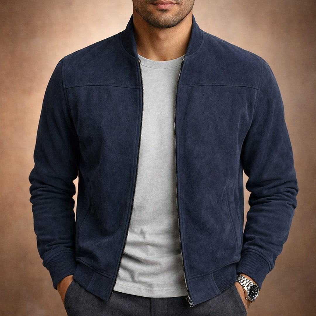 Man wearing the Peregrine men's casual suede lightweight jacket, side view