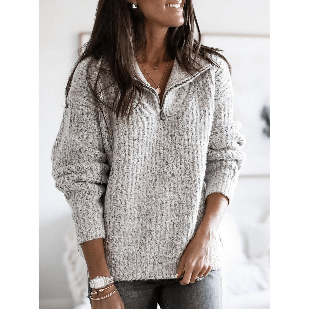 Woman wearing the Peyton women's elegant sweater, back view