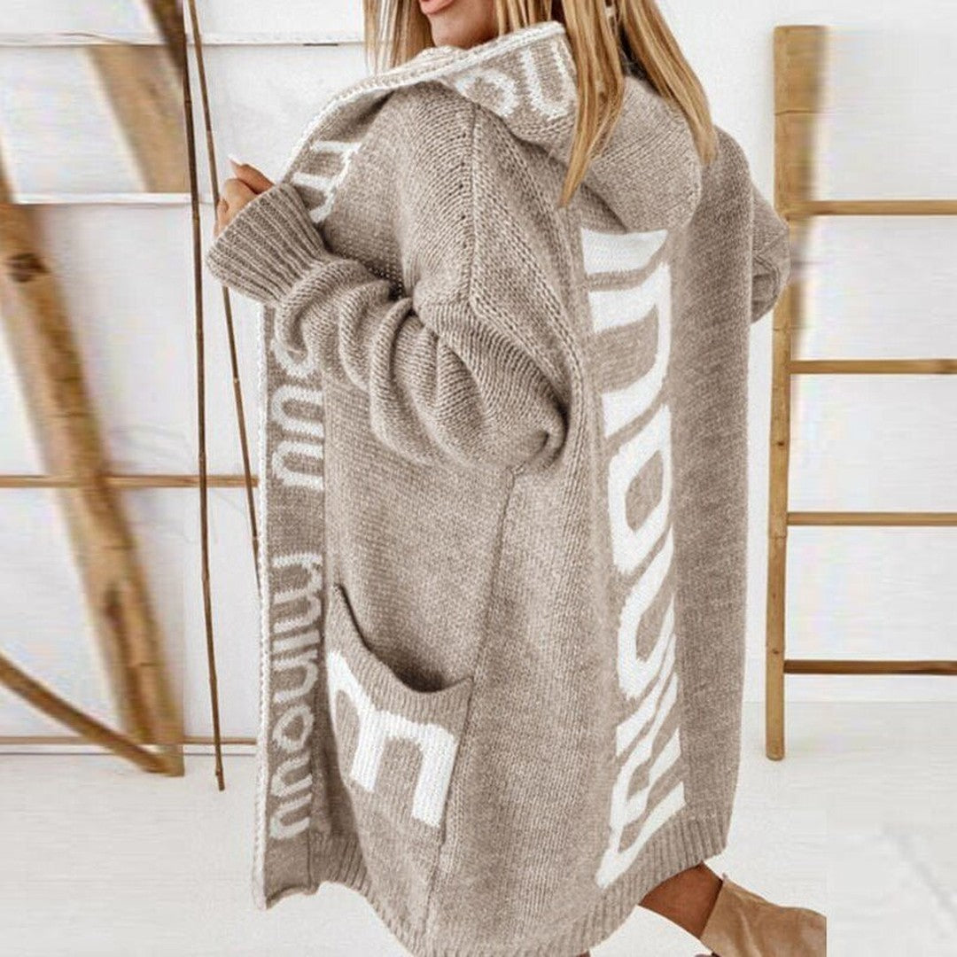 Woman wearing the Pia women's knit cardigan, detail view
