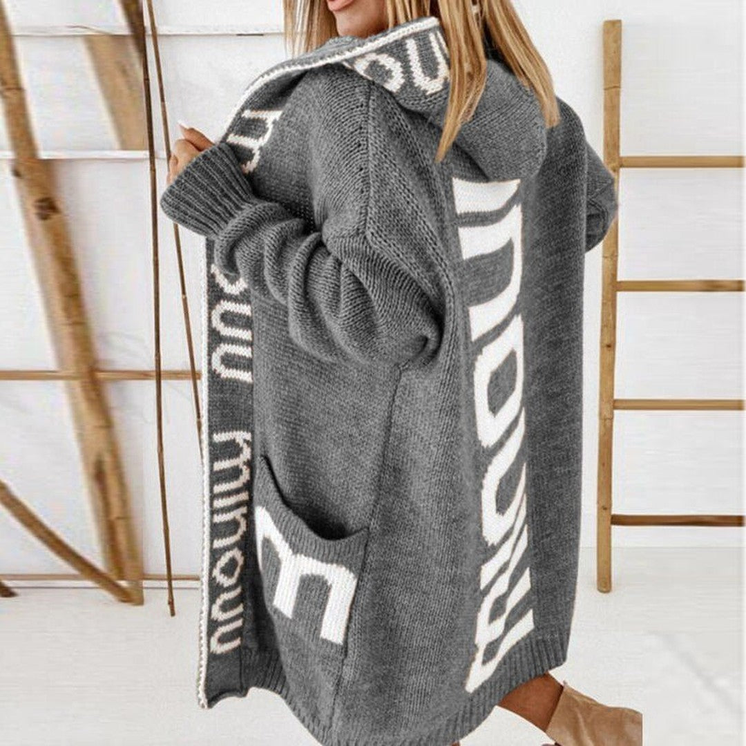 Woman wearing the Pia women's knit cardigan, model view