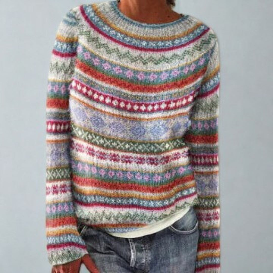 Woman wearing the Piper women's sweater, detail view