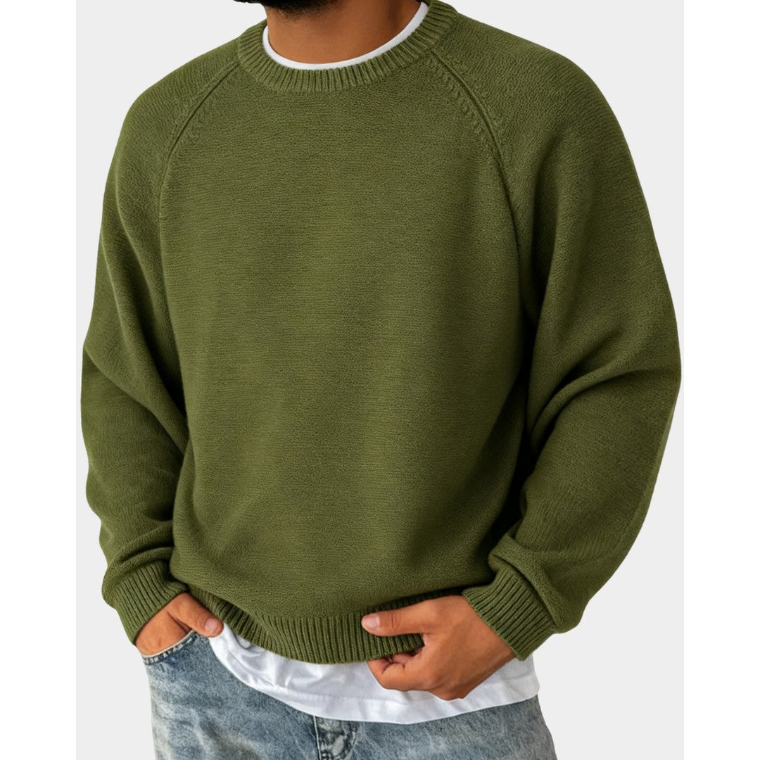 Man wearing the Preston men's crewneck sweater, back view
