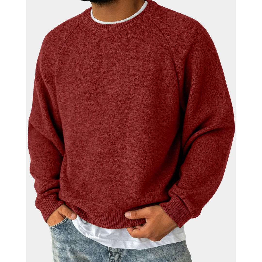 Man wearing the Preston men's crewneck sweater, flatlay view