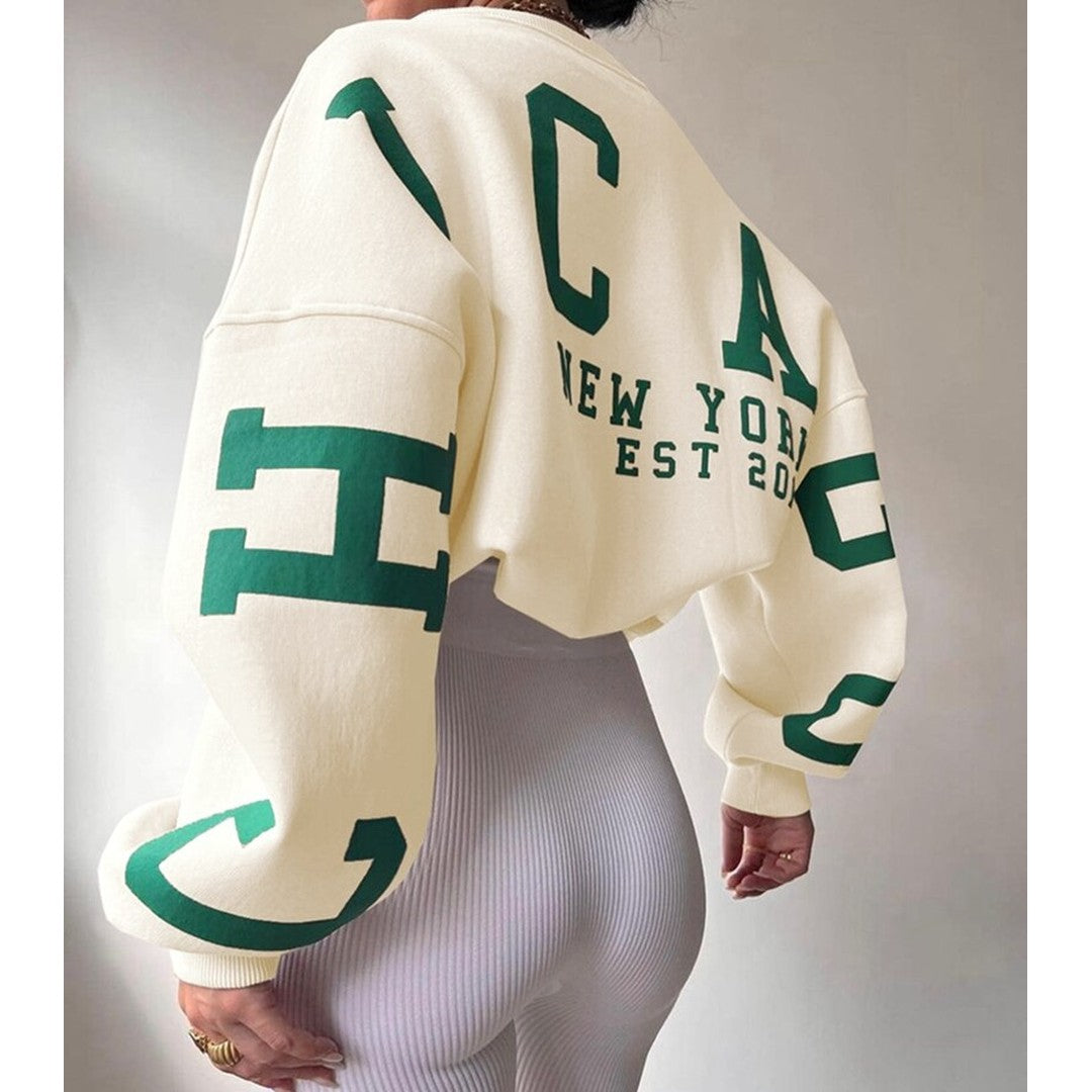 Woman wearing the Priya women's hooded sweater in beige, 7 view