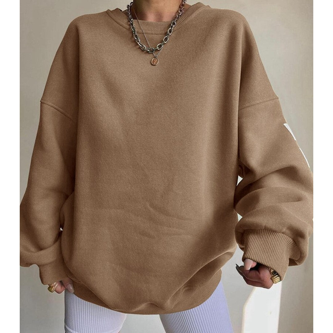 Woman wearing the Priya women's hooded sweater in beige, flatlay view