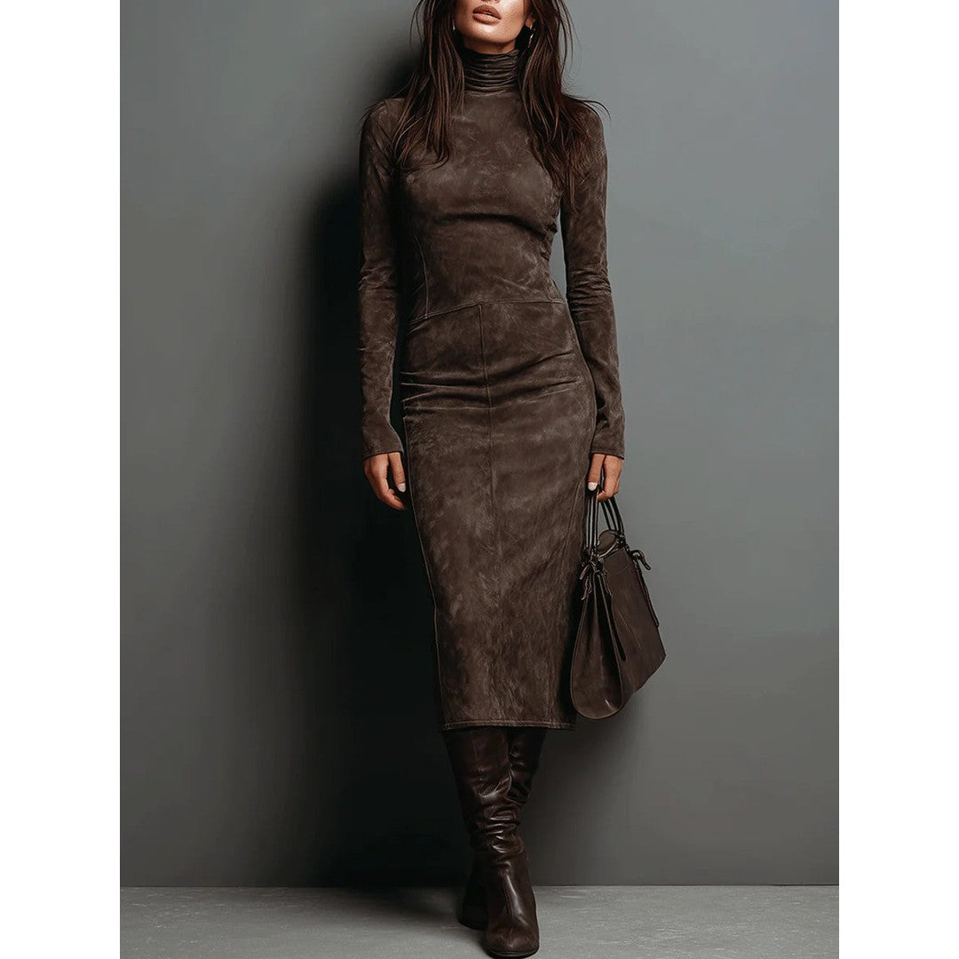 Woman wearing the Quilla women's maxi suede chic dress, front view