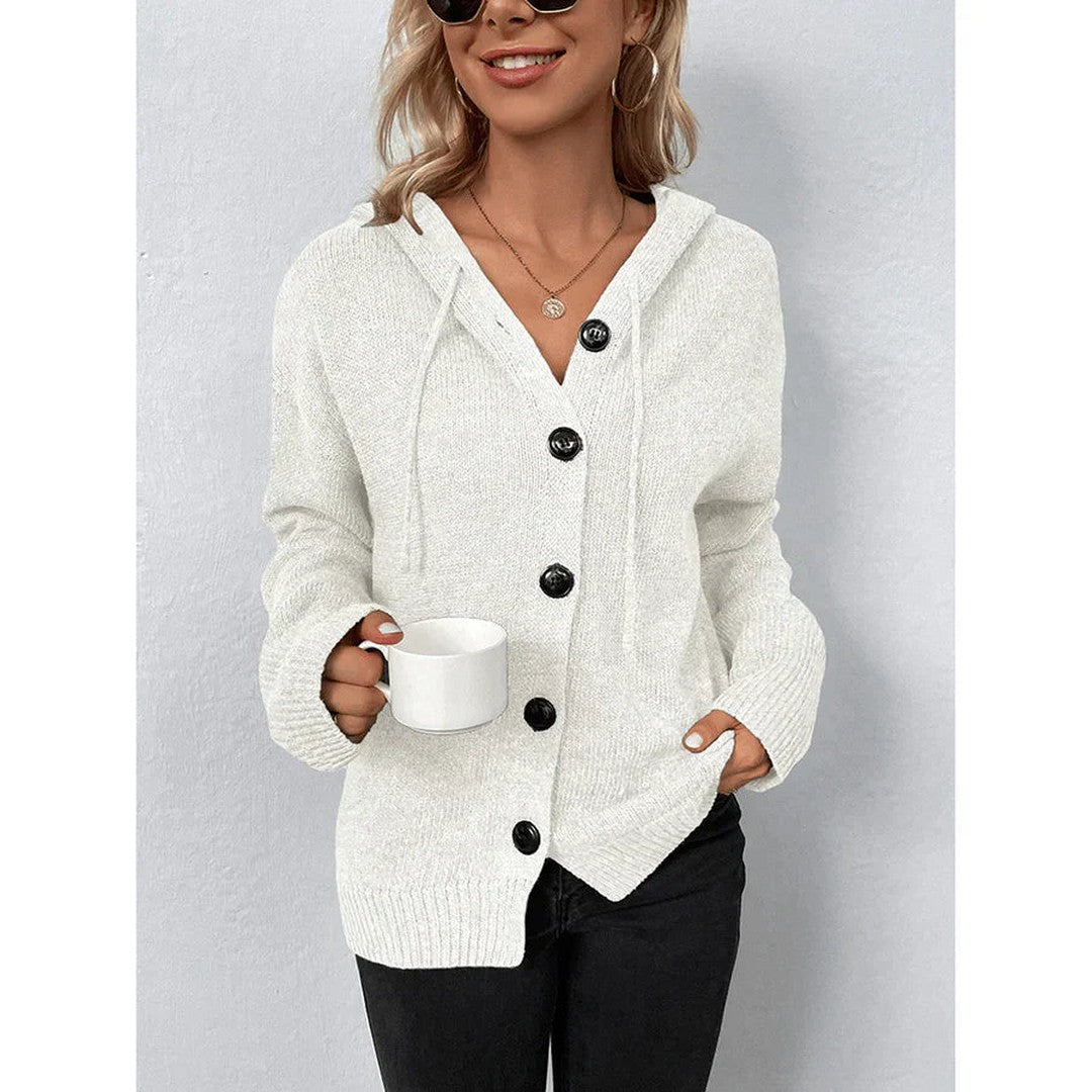 Woman wearing the Quinn women's hooded long-sleeve sweater, back view