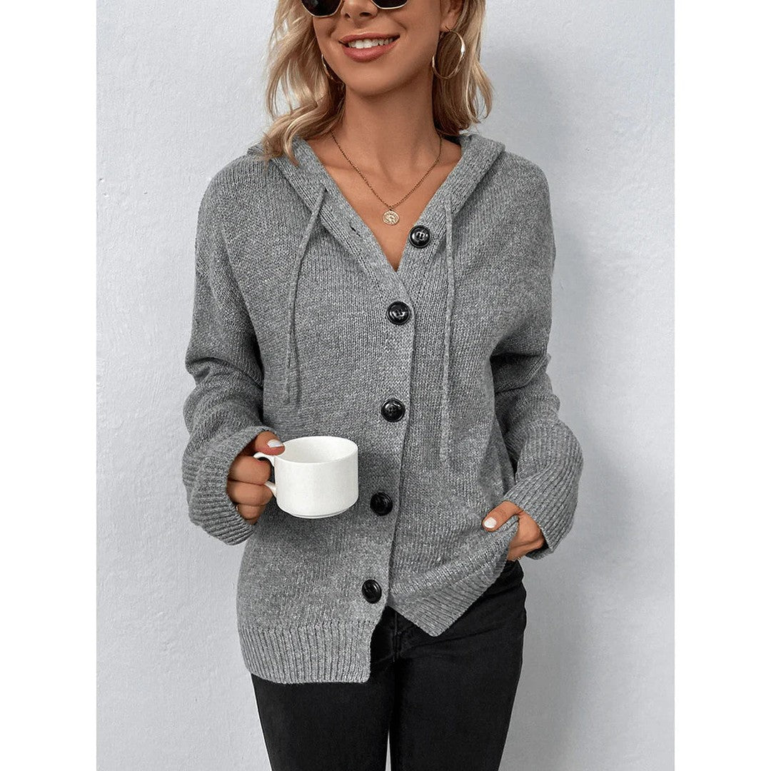 Woman wearing the Quinn women's hooded long-sleeve sweater, front view