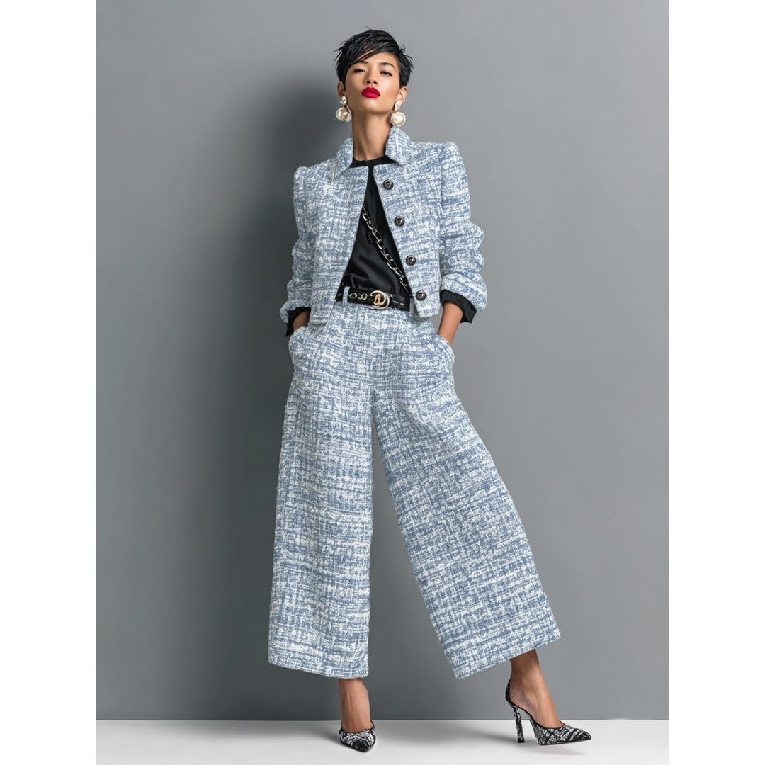 Woman wearing the Ramona women's wide-leg chic apparel, side view