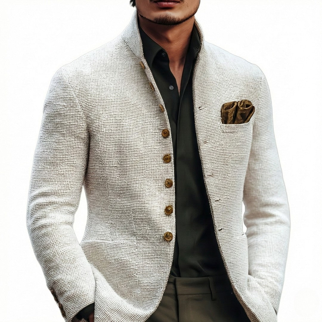 Man wearing the Reid men's cardigan, back view