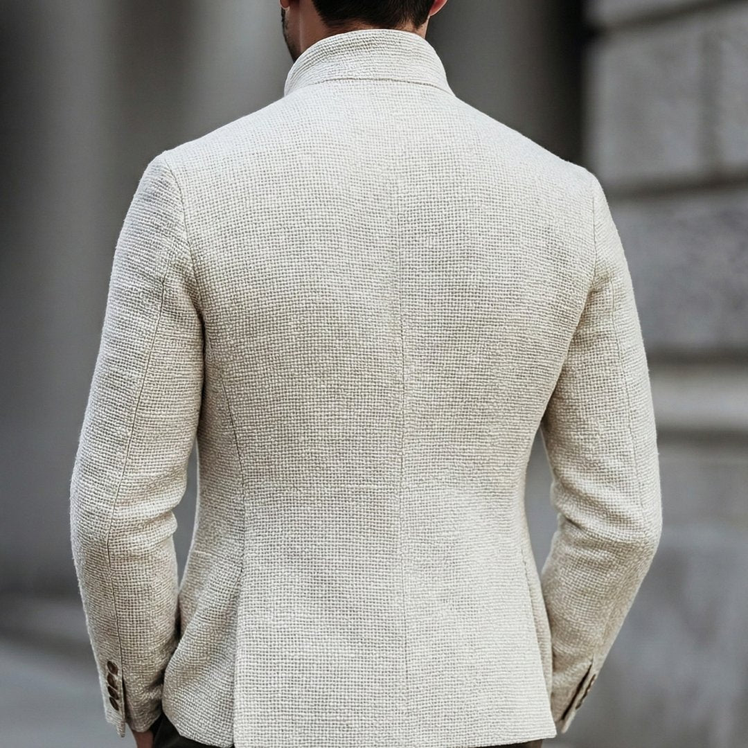 Man wearing the Reid men's cardigan, detail view