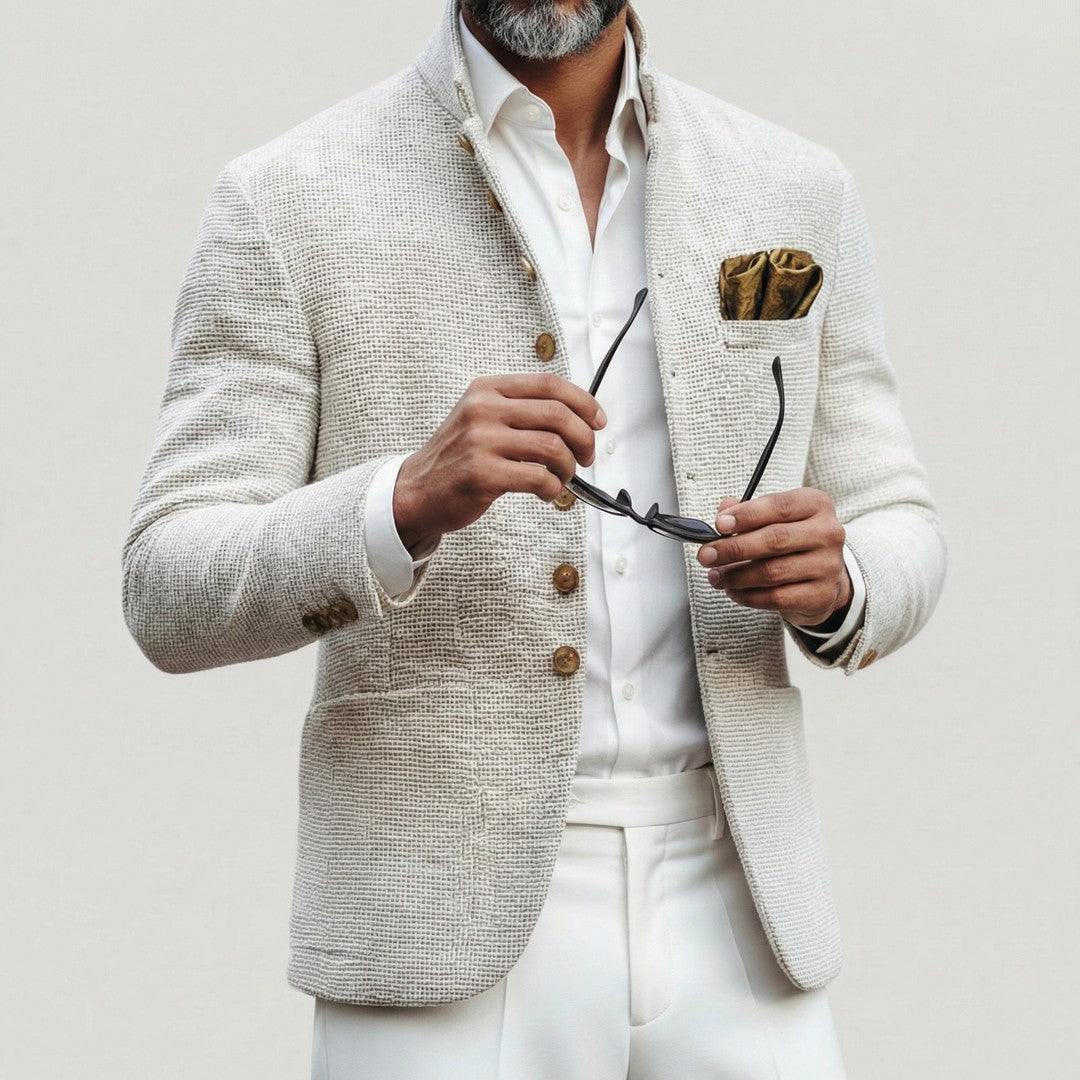 Man wearing the Reid men's cardigan, side view