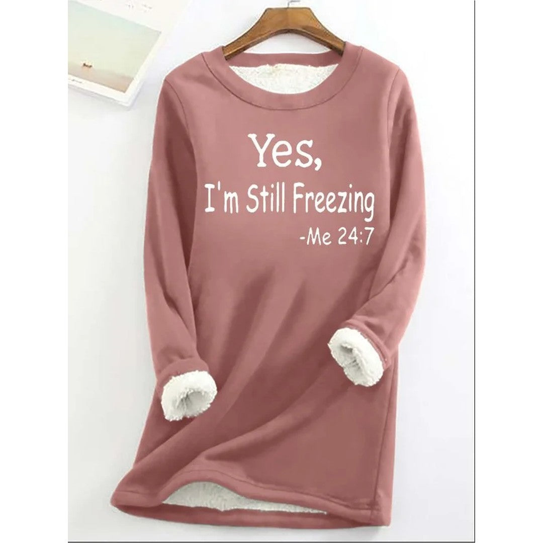 Woman wearing the Rhea women's fleece sweatshirt, side view