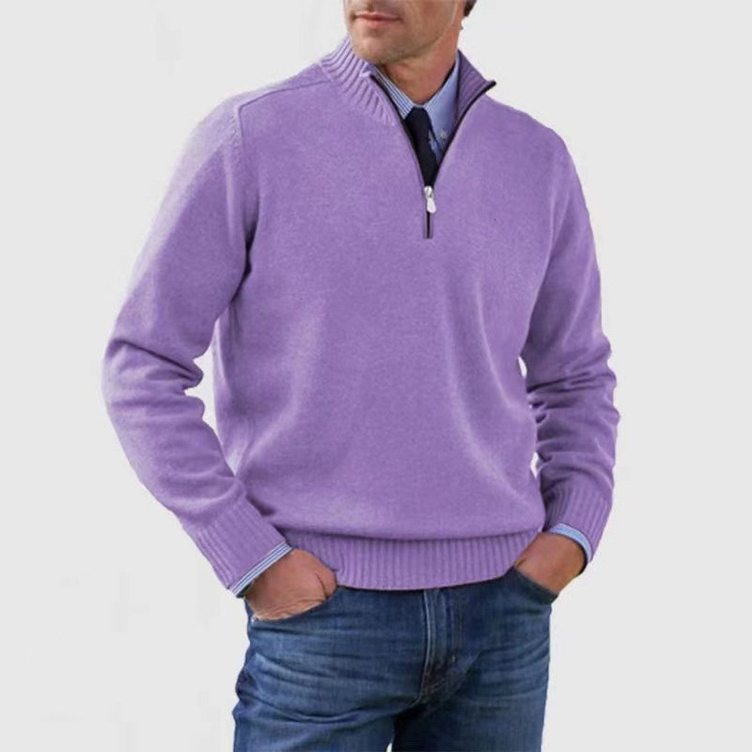 Man wearing the Rhys men's zip-up sweater, 12 view