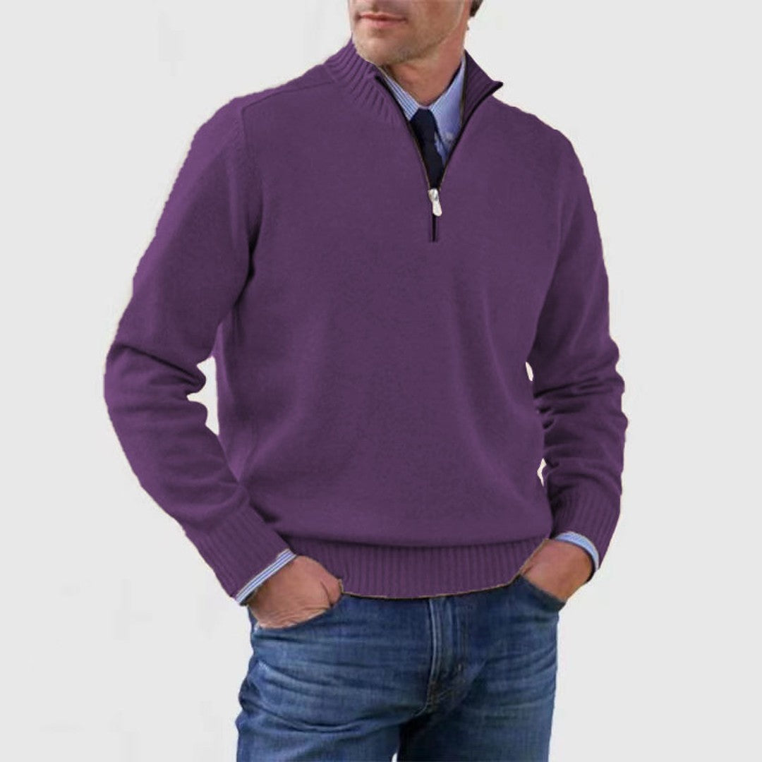 Man wearing the Rhys men's zip-up sweater, 13 view