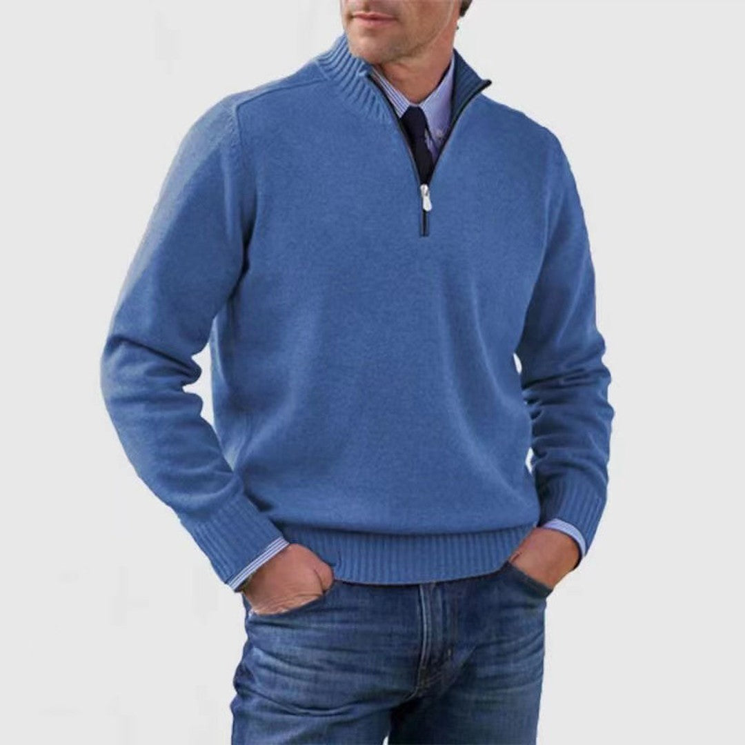 Man wearing the Rhys men's zip-up sweater, flatlay view