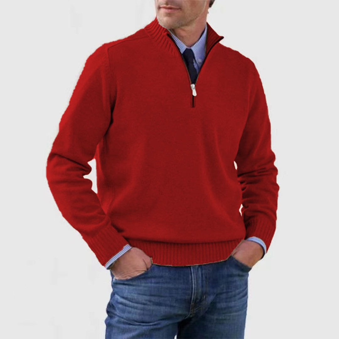 Man wearing the Rhys men's zip-up sweater, front view