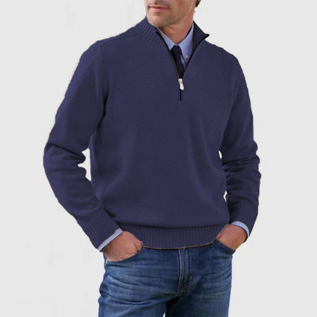 Man wearing the Rhys men's zip-up sweater, model view