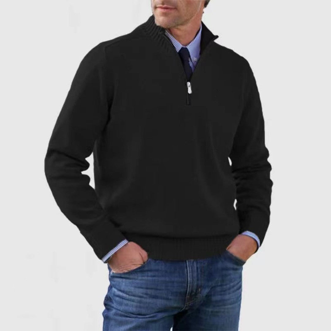 Man wearing the Rhys men's zip-up sweater, side view