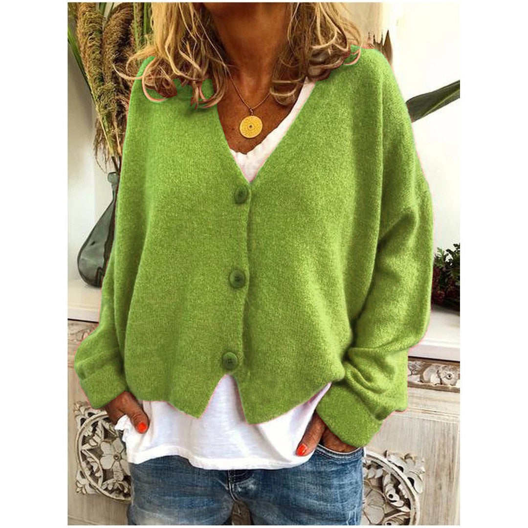 Woman wearing the Riley women's knit cardigan, back view