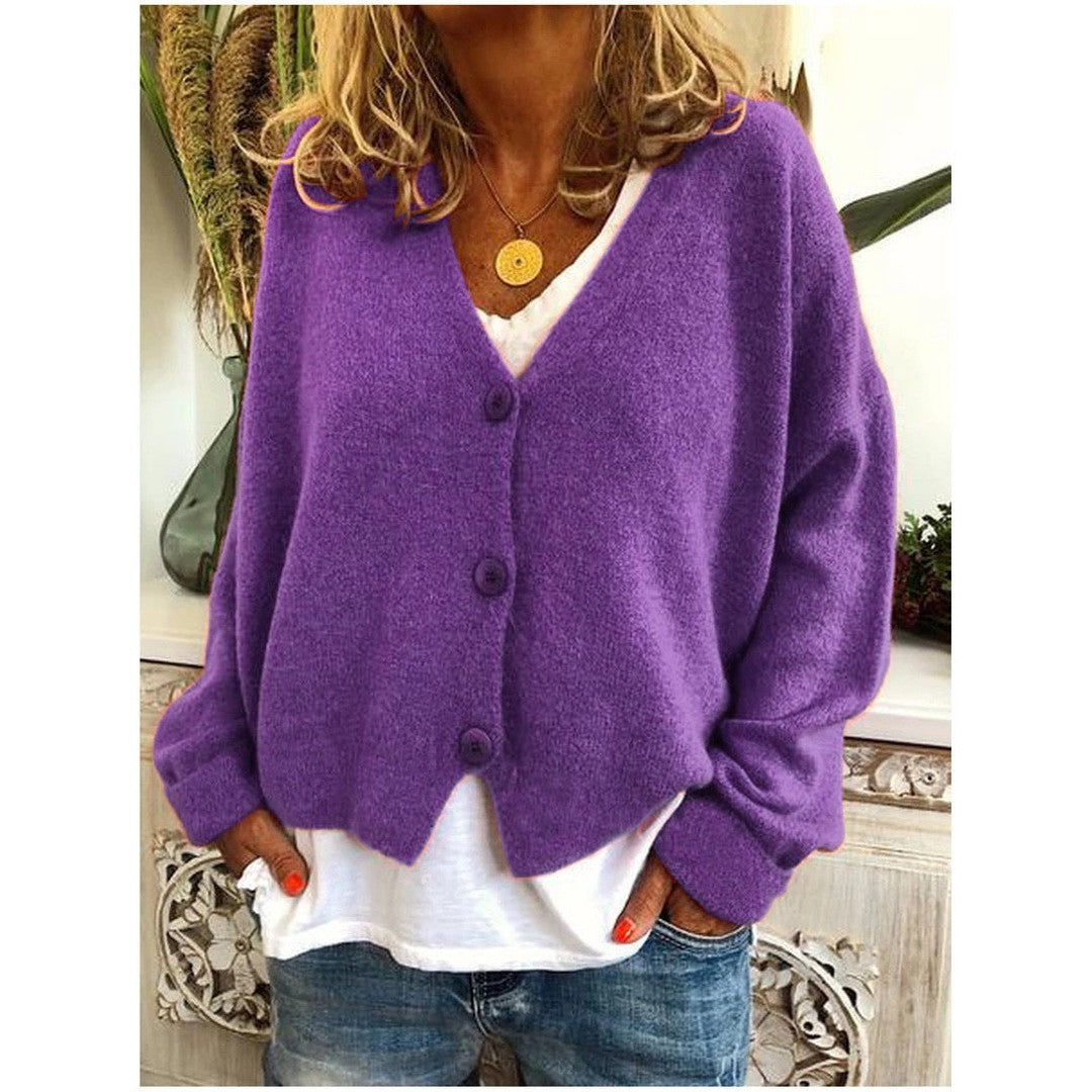 Woman wearing the Riley women's knit cardigan, detail view