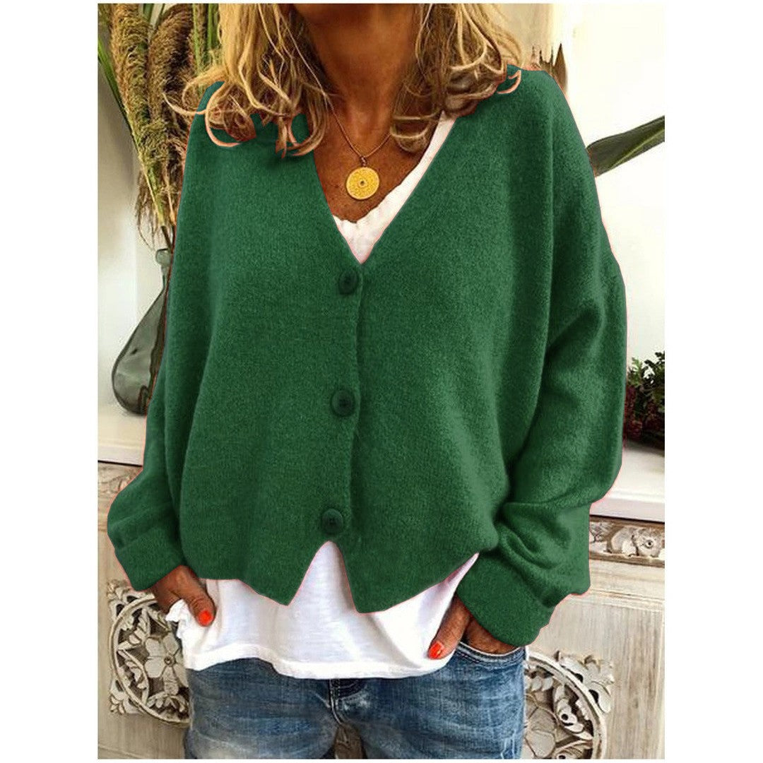 Woman wearing the Riley women's knit cardigan, flatlay view