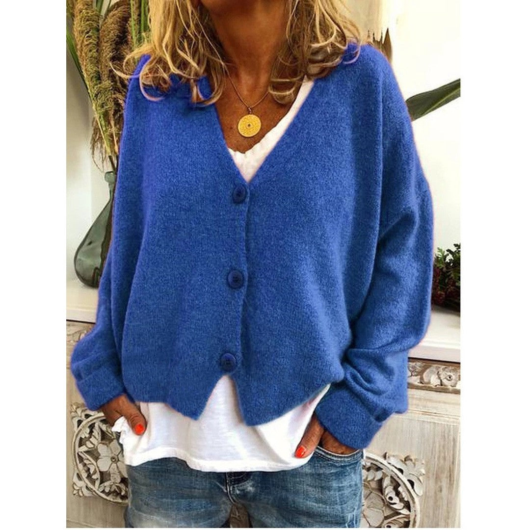 Woman wearing the Riley women's knit cardigan, model view