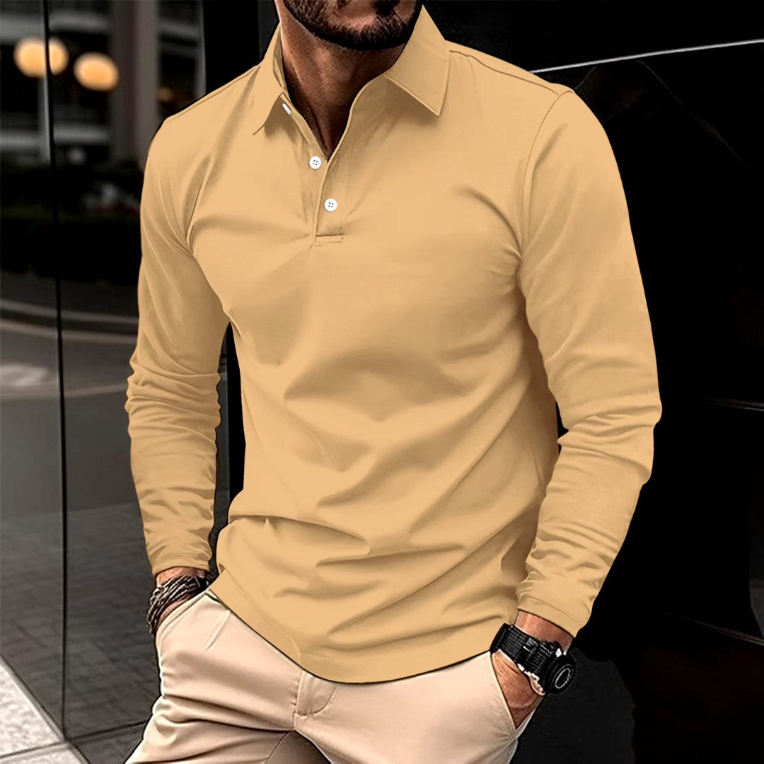 Man wearing the Rocco men's casual long-sleeve polo shirt, 7 view