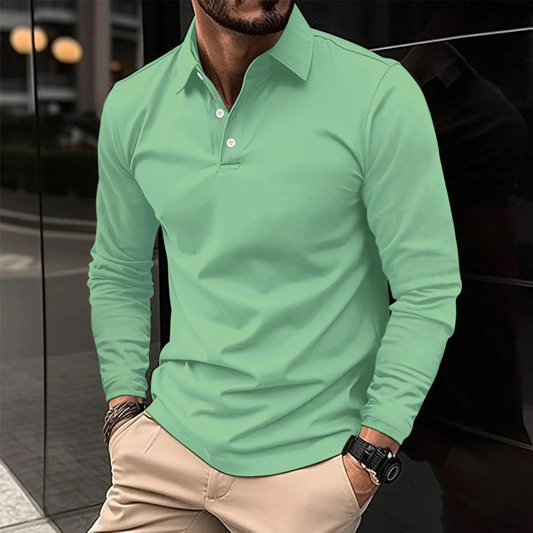 Man wearing the Rocco men's casual long-sleeve polo shirt, 8 view