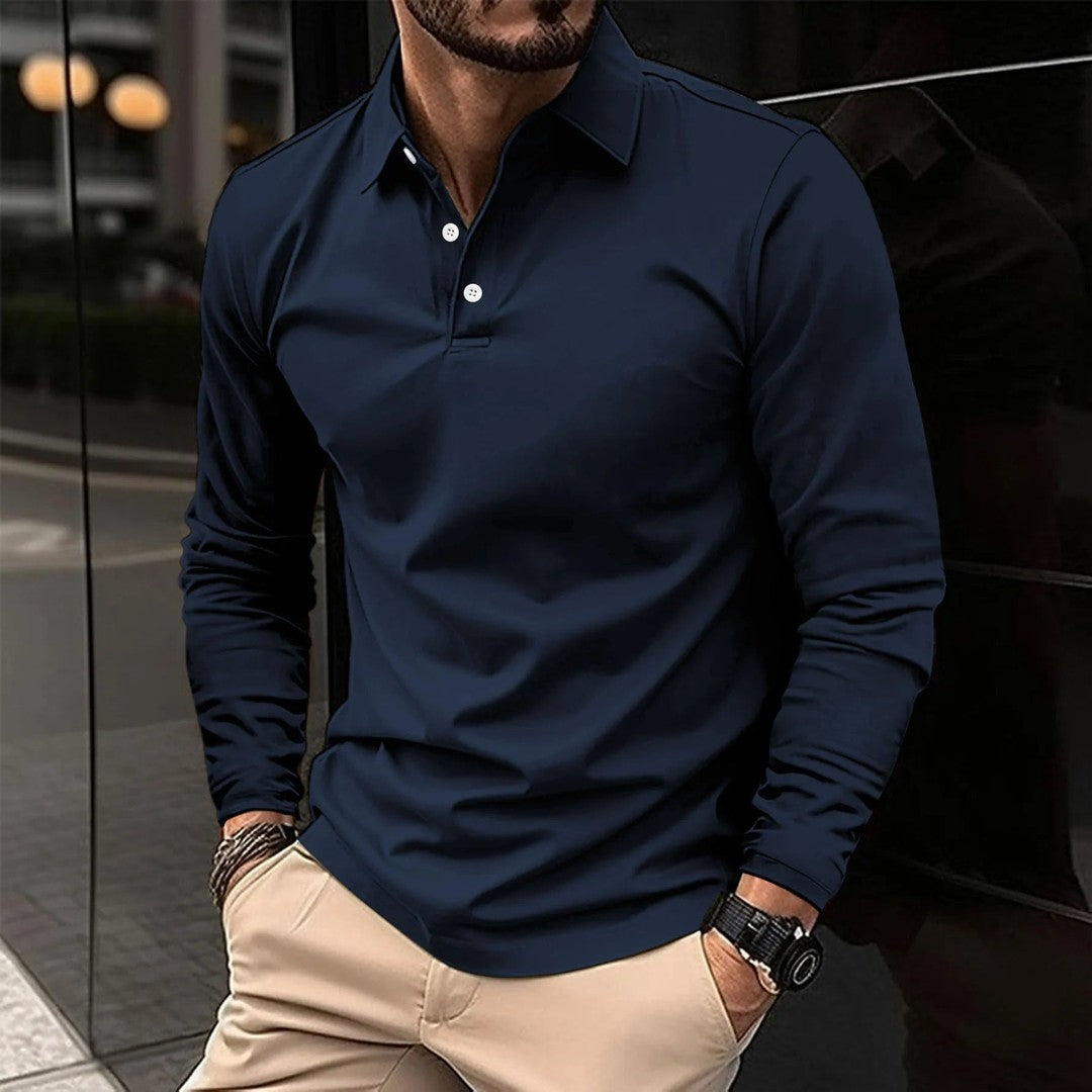 Man wearing the Rocco men's casual long-sleeve polo shirt, back view