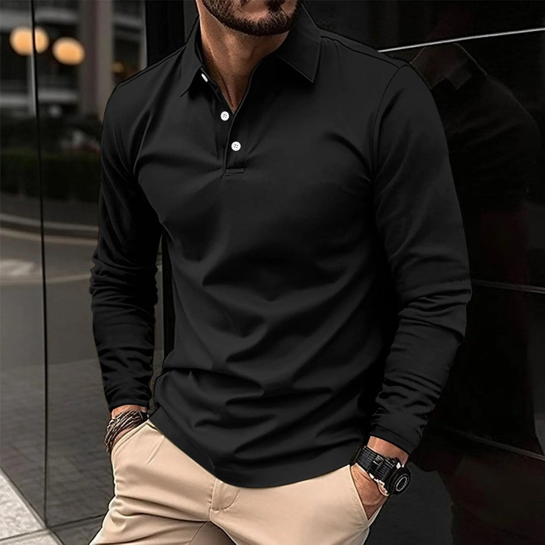 Man wearing the Rocco men's casual long-sleeve polo shirt, detail view