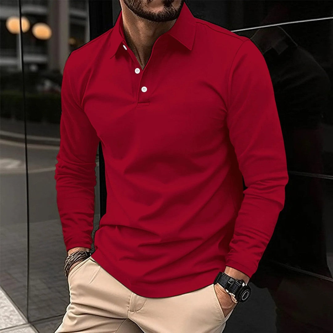 Man wearing the Rocco men's casual long-sleeve polo shirt, flatlay view