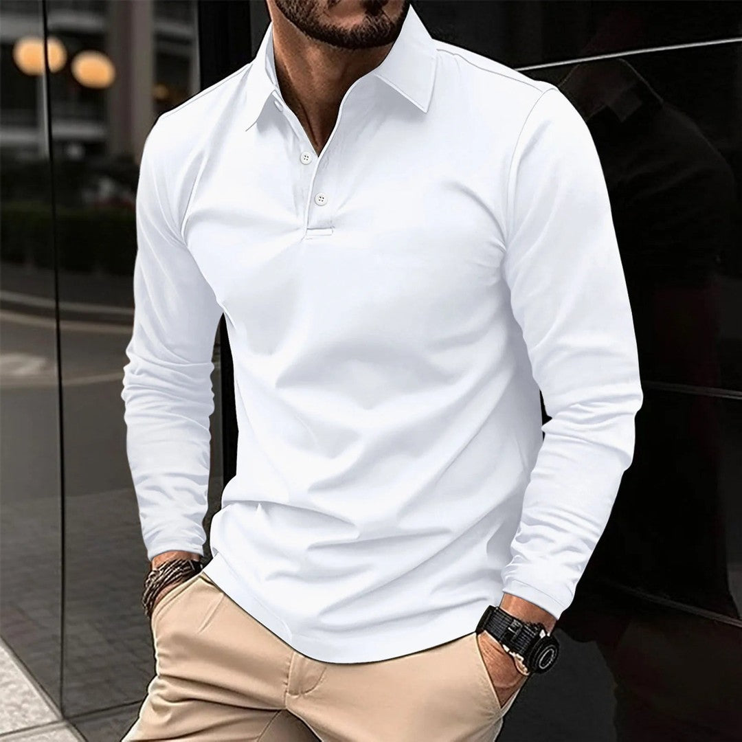Man wearing the Rocco men's casual long-sleeve polo shirt, front view