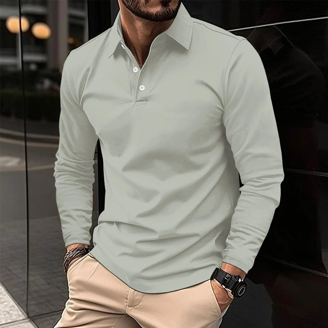 Man wearing the Rocco men's casual long-sleeve polo shirt, model view