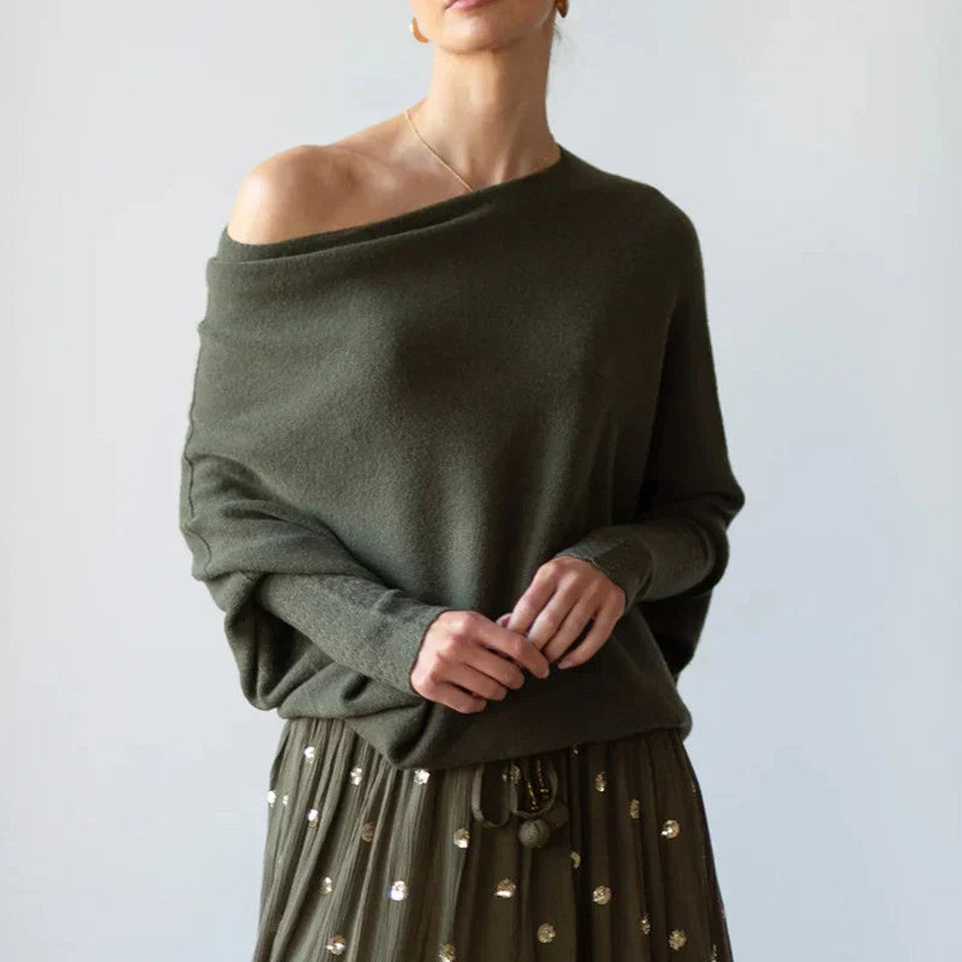 Woman wearing the Romy women's knit sweater, detail view