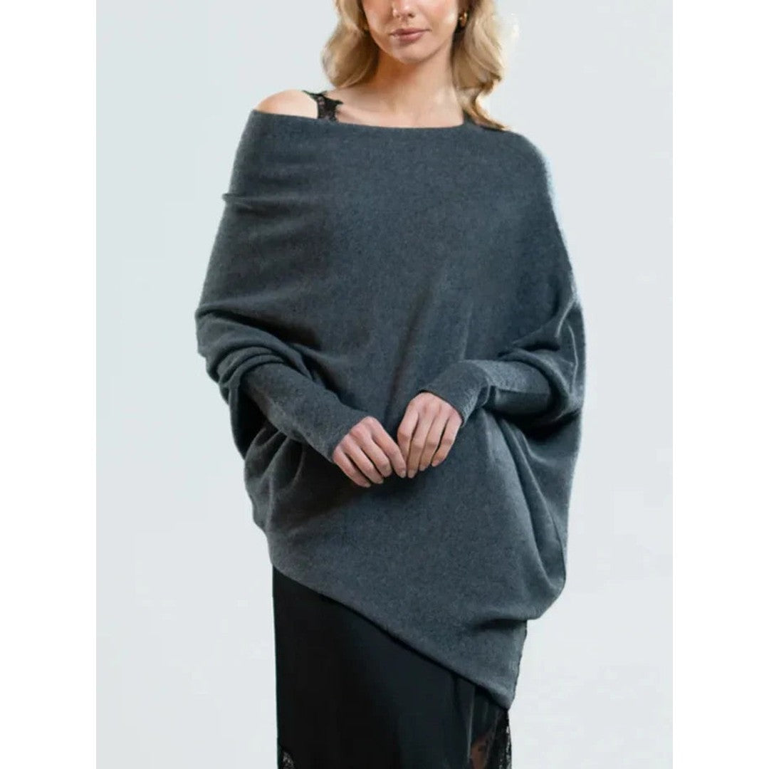 Woman wearing the Romy women's knit sweater, flatlay view