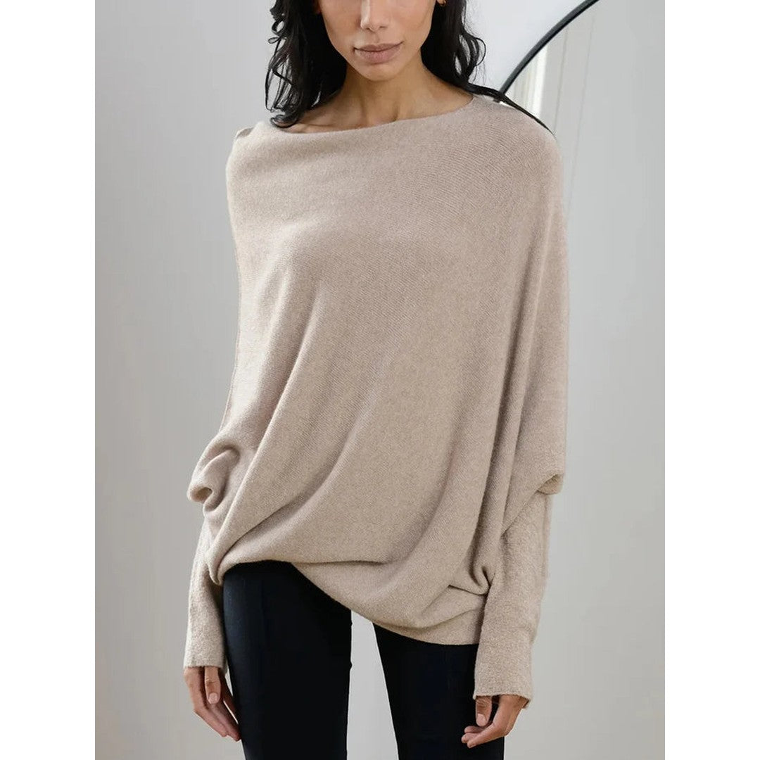 Woman wearing the Romy women's knit sweater, model view