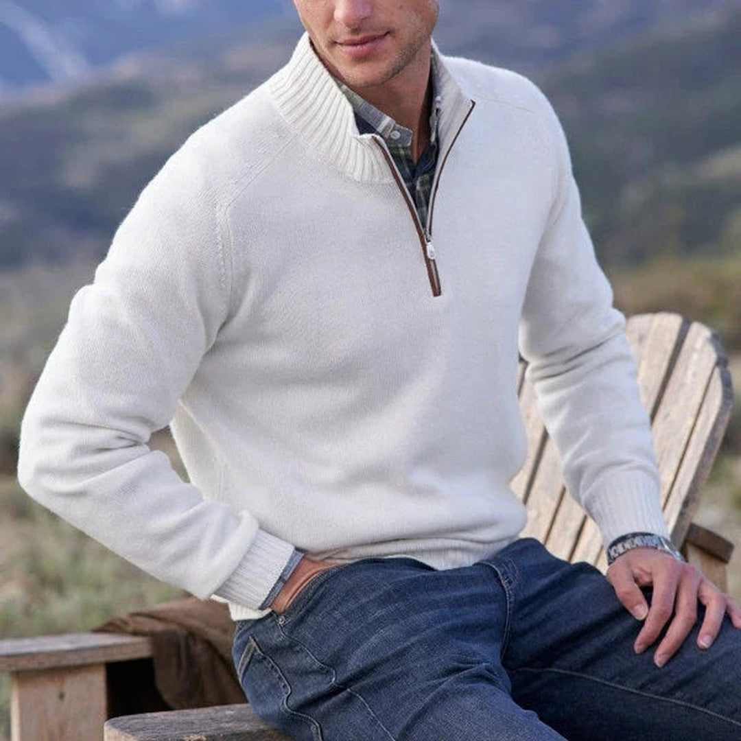 Man wearing the Ronan men's turtleneck cashmere sweater, back view