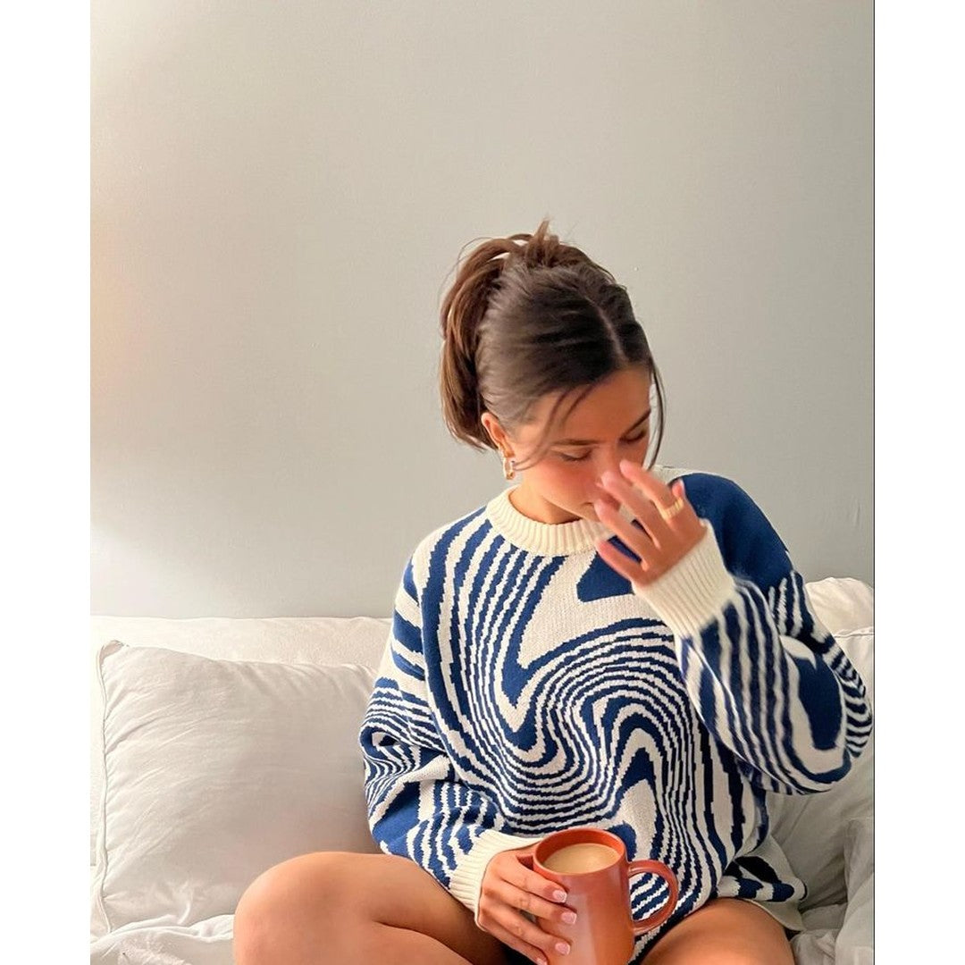 Woman wearing the Rosalind women's sweater, front view