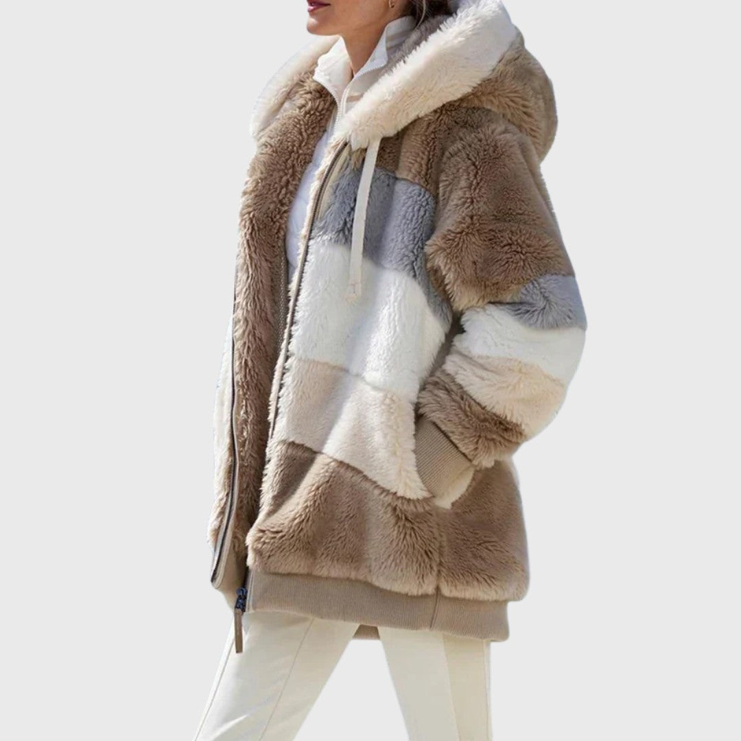 Woman wearing the Rosanna women's elegant jacket, detail view