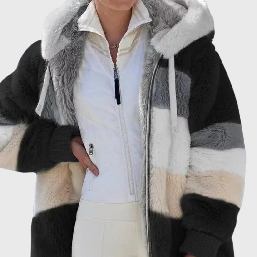 Woman wearing the Rosanna women's elegant jacket, flatlay view